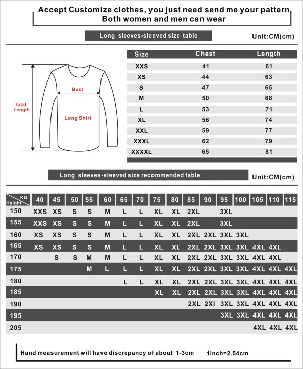 Deftones Long Sleeve Shirt Size chart